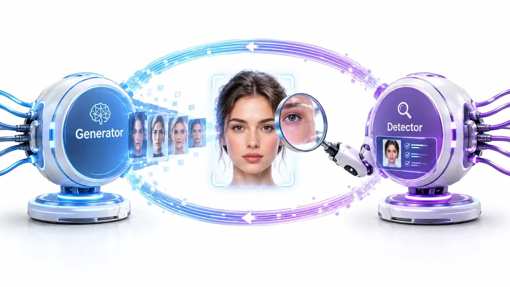 A digital illustration representing synthetic media generation with an AI generator, a human face, and an AI detector.