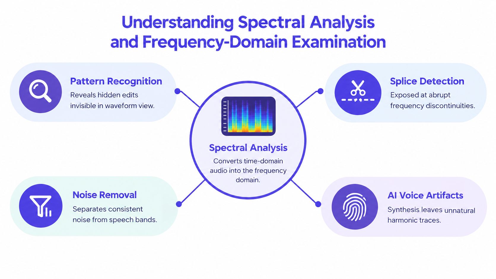 An infographic illustrating four key benefits of audio spectral analysis for identifying edits, noise, and synthetic artifacts.