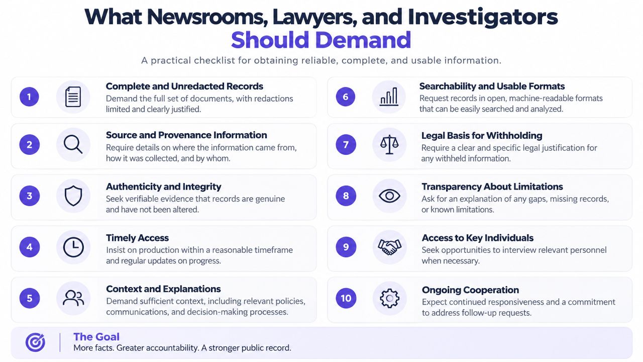 A ten-point checklist for newsrooms, lawyers, and investigators to demand reliable, complete, and usable information.