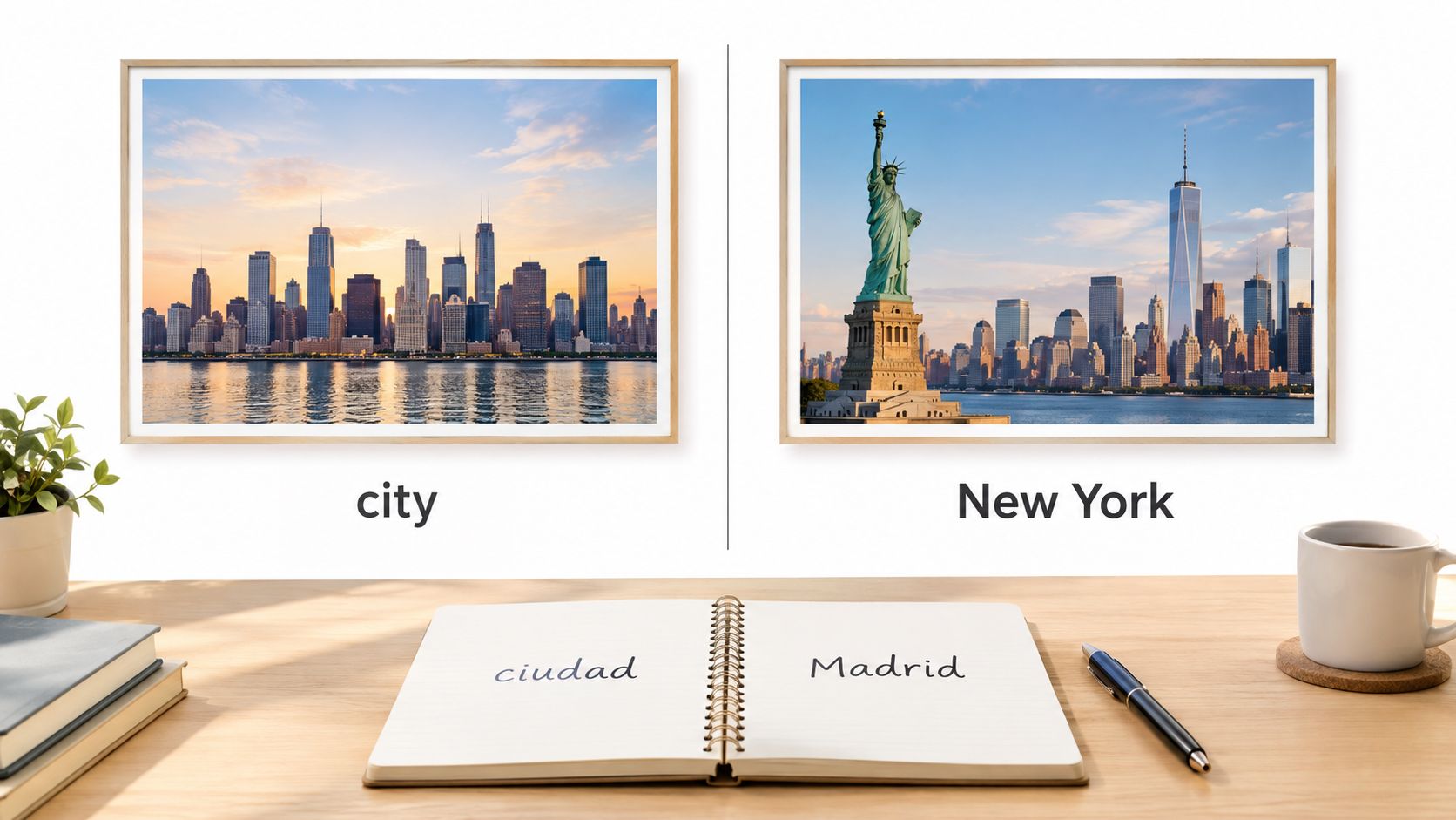 A workspace with framed photos of cities and an open notebook with written words on a desk.