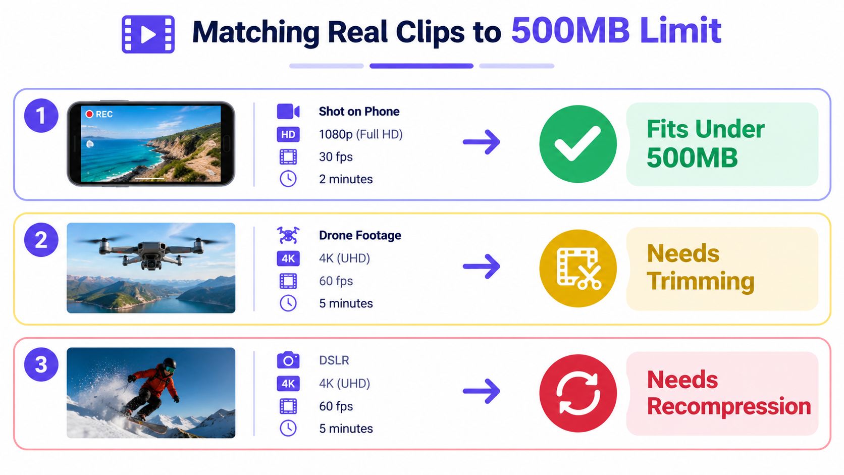 An infographic illustrating how different video clips, from phone, drone, and DSLR, compare against a 500MB size limit.
