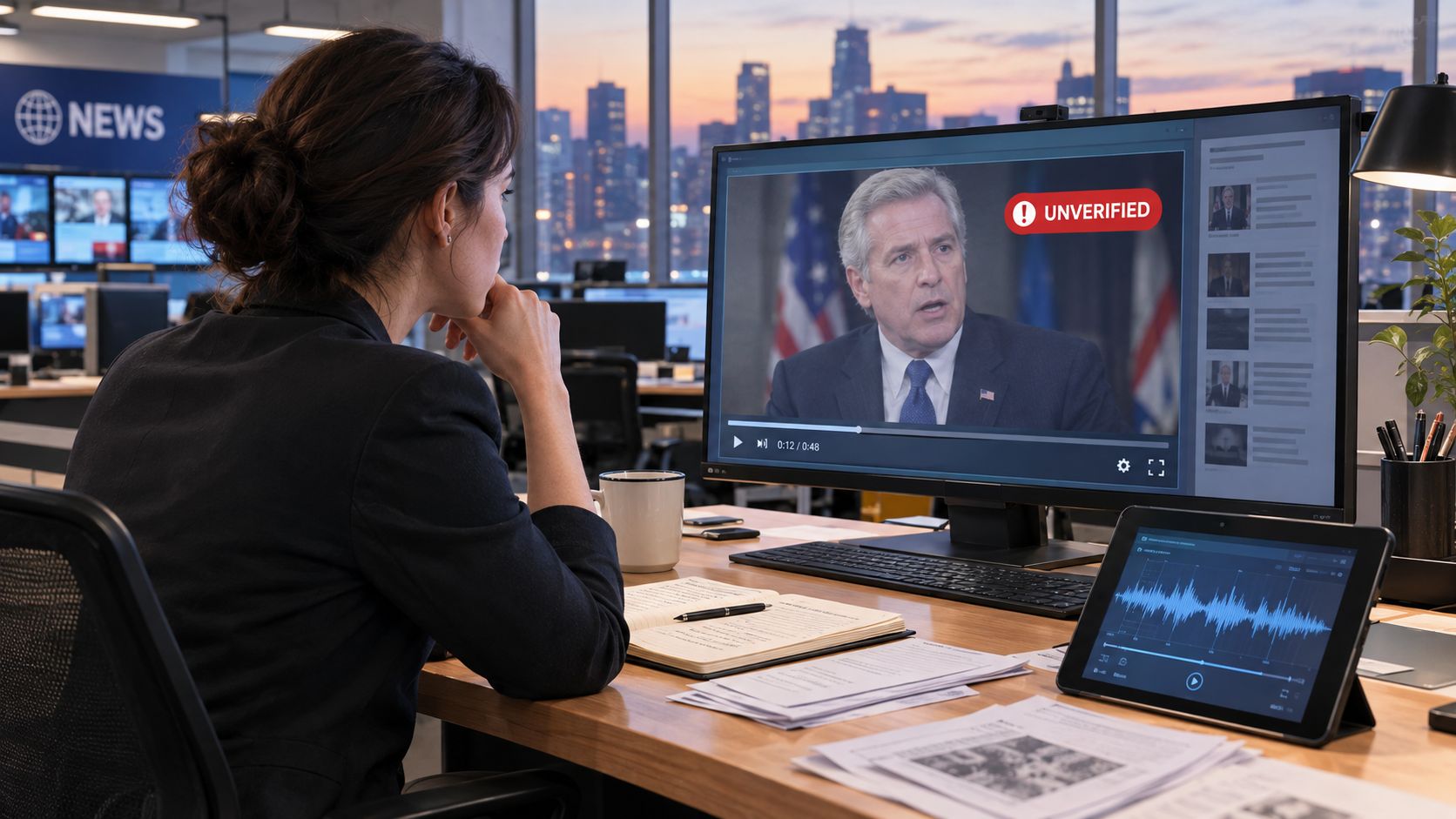 A professional working in an office using software to detect manipulated or unverified video content on screen.