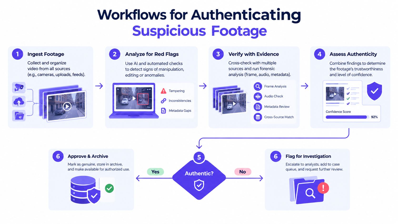 A flowchart diagram illustrating the professional workflow for authenticating suspicious video footage from ingestion to final decision.
