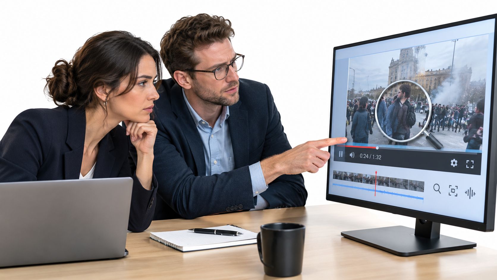 A professional man and woman examining digital video footage on a computer monitor for verification purposes.