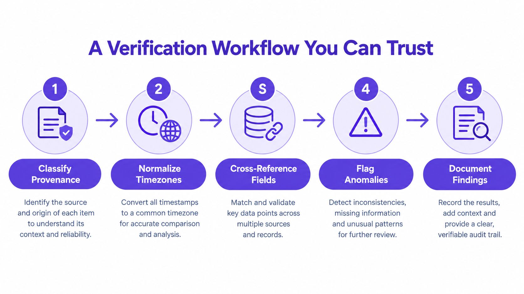 A five-step verification workflow diagram showing steps from classifying provenance to documenting findings for data analysis.