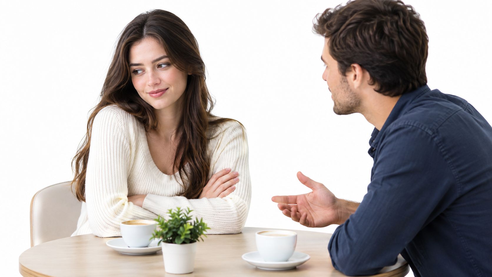 A young woman listening to a man talking while sitting together at a cafe table.