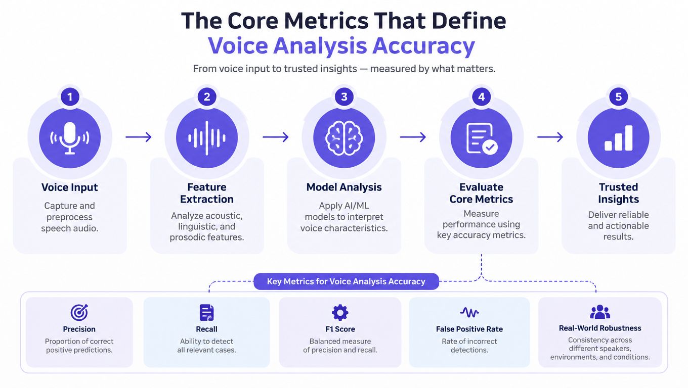 A diagram illustrating the core metrics for voice analysis accuracy through a five-step process and key indicators.