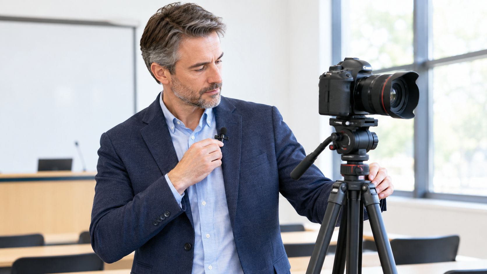 A professional professor in a blue blazer adjusting his lapel microphone before recording a lecture.
