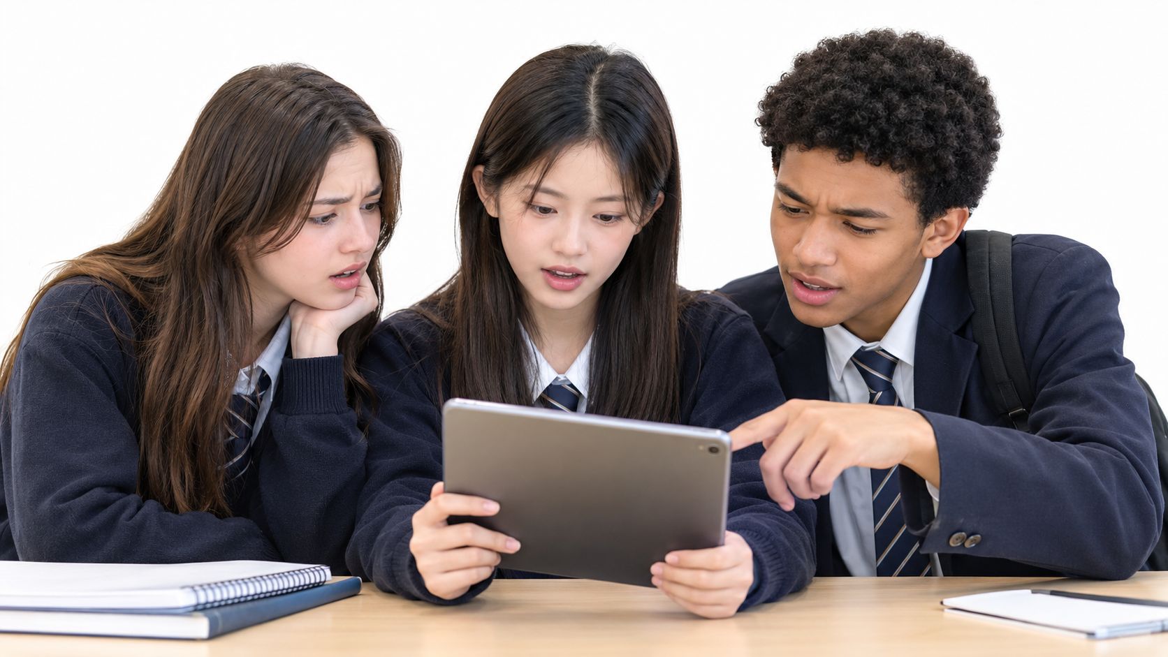 Three diverse high school students studying together and looking at a digital tablet on a table.