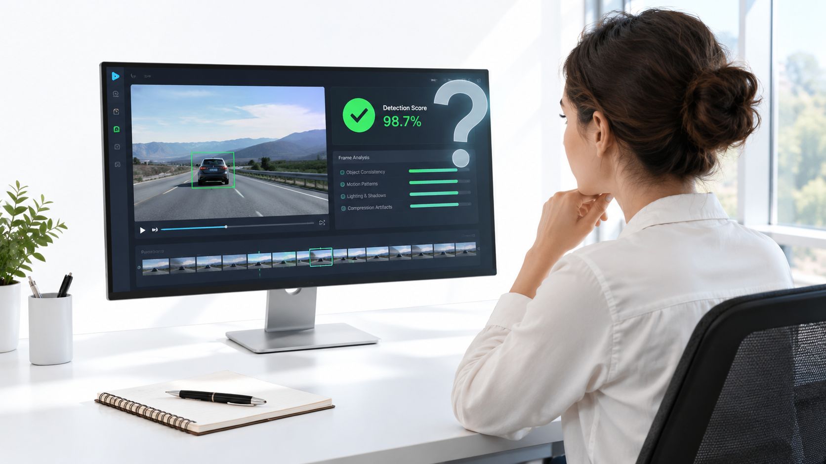 A professional woman reviews video verification data on a computer screen featuring car detection analysis scores.