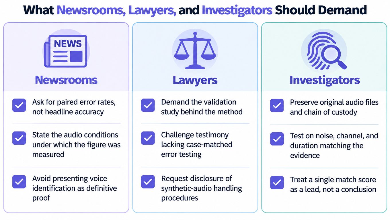 A professional infographic outlining best practices for newsrooms, lawyers, and investigators regarding forensic voice analysis accuracy standards.