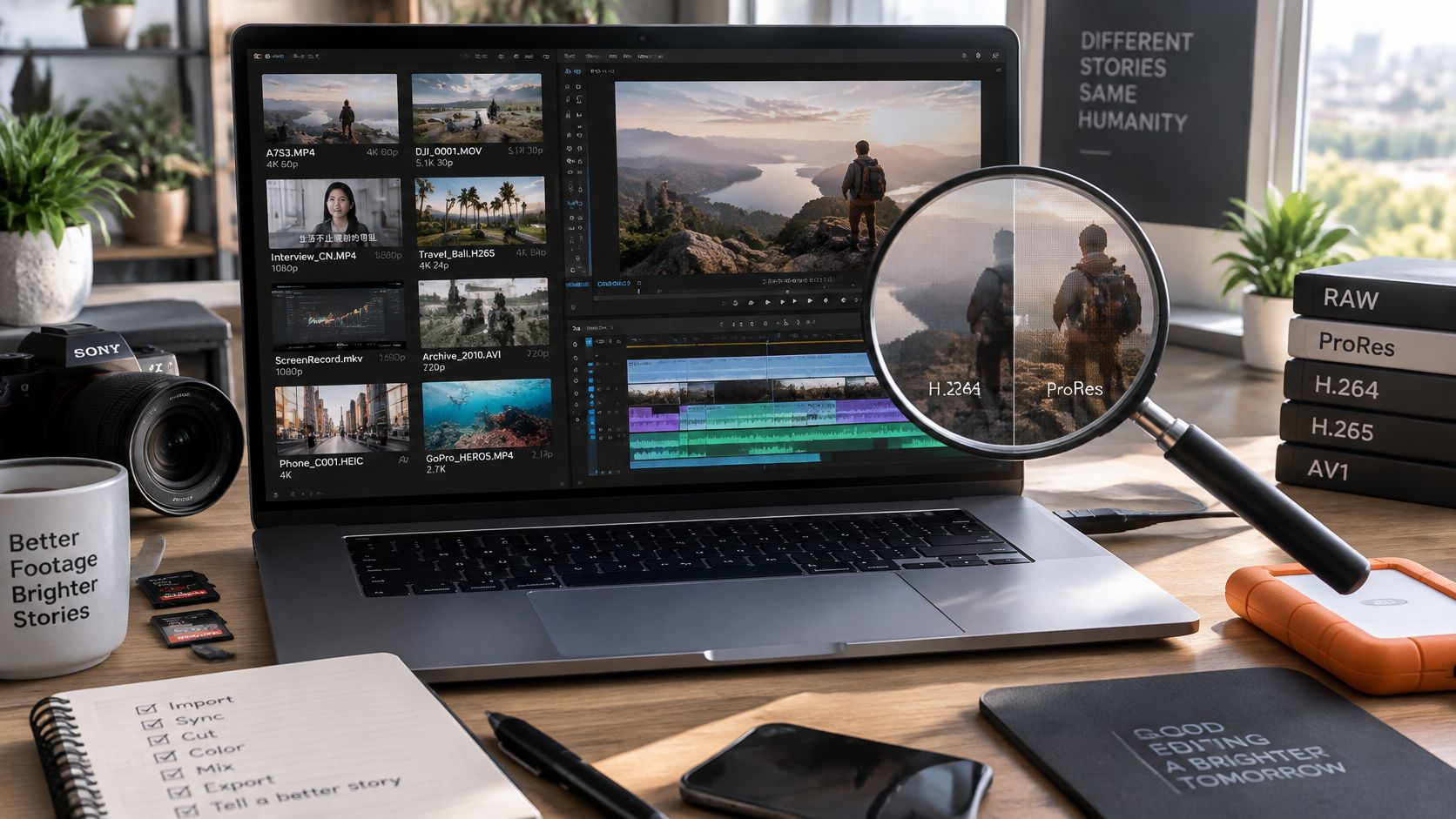 A professional video editing workspace with a laptop, camera, external storage, and magnifying glass showcasing footage comparison.
