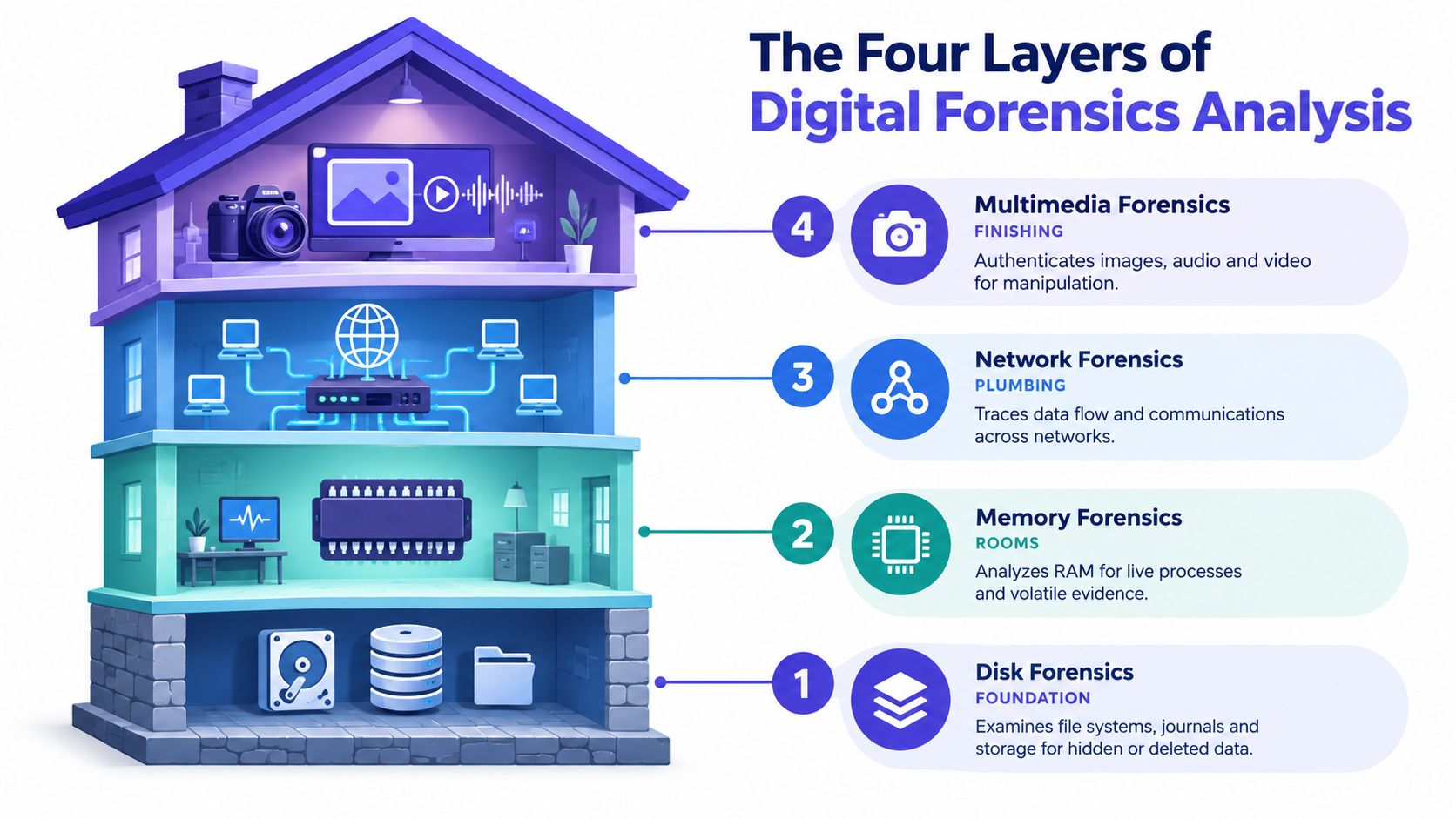 A diagram illustrating the four layers of digital forensics analysis: disk, memory, network, and multimedia forensics.