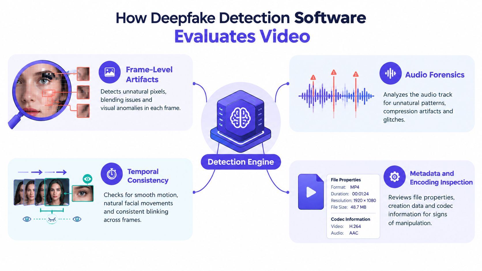 An infographic showing how deepfake detection software analyzes video content through frame artifacts, audio forensics, temporal consistency, and metadata.