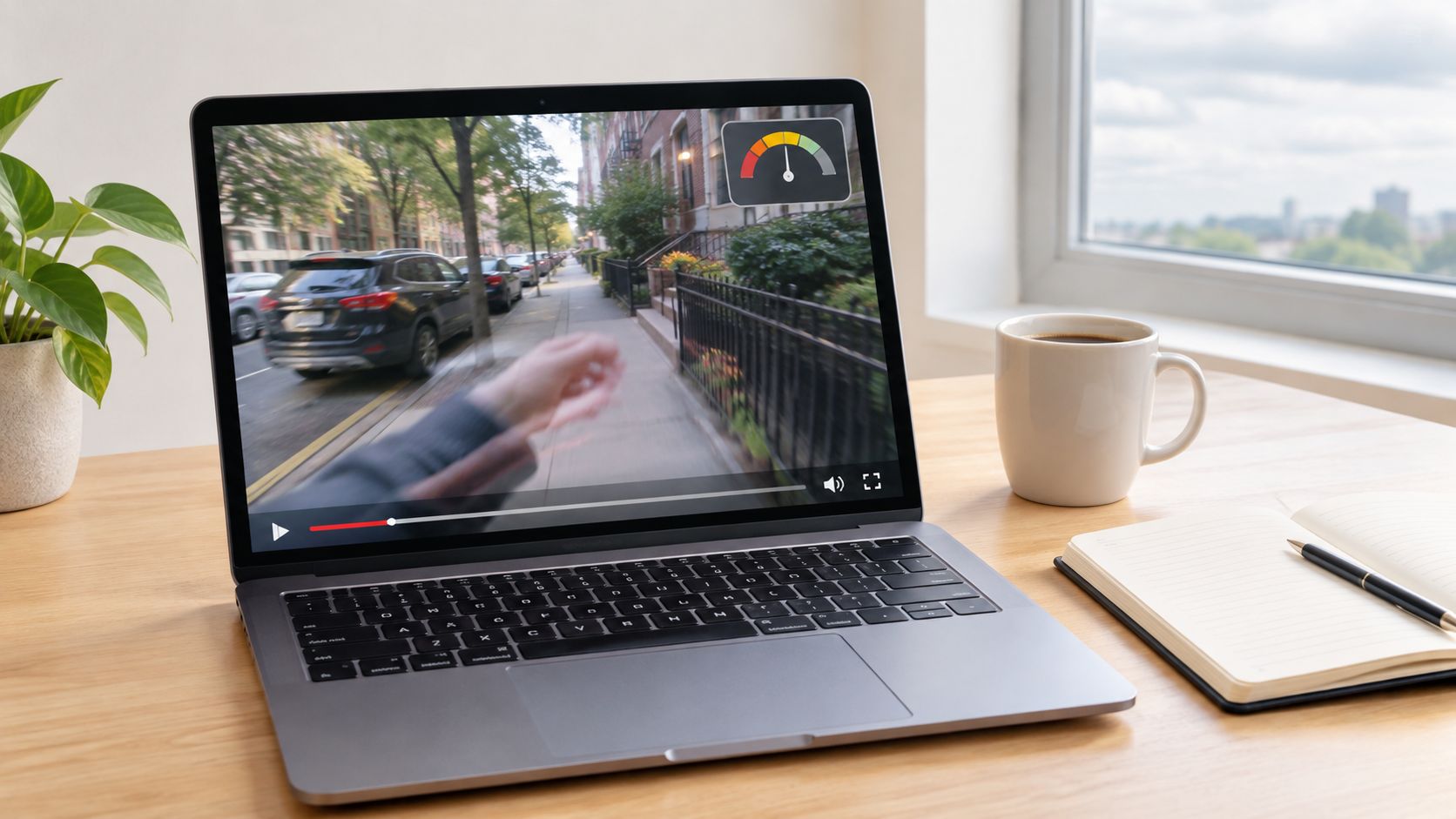 A modern laptop on a wooden desk displaying an AI content detection gauge while viewing a video.