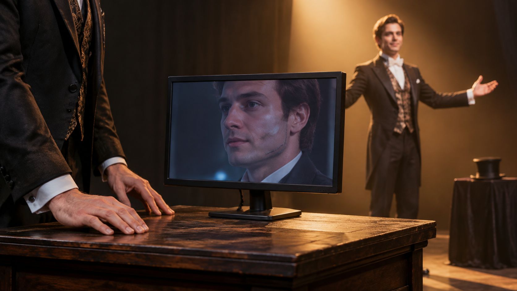 A man in a tuxedo stands behind a monitor displaying a fake deepfake video of himself.