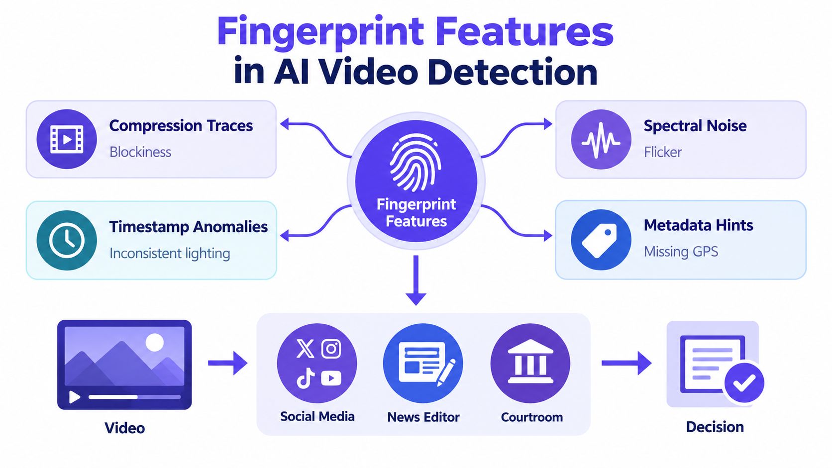 A diagram illustrating how fingerprint features are used in AI video detection for authentication and verification.