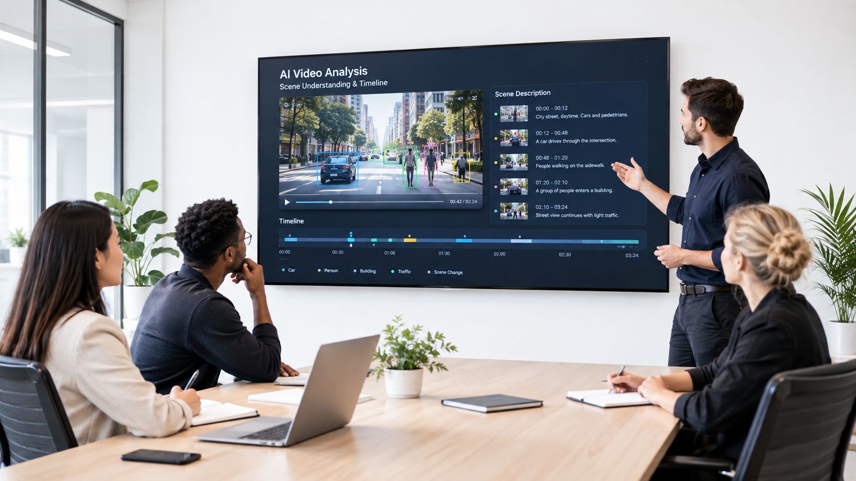 A professional team in a modern office meeting reviewing AI-powered video analysis software on a large screen.