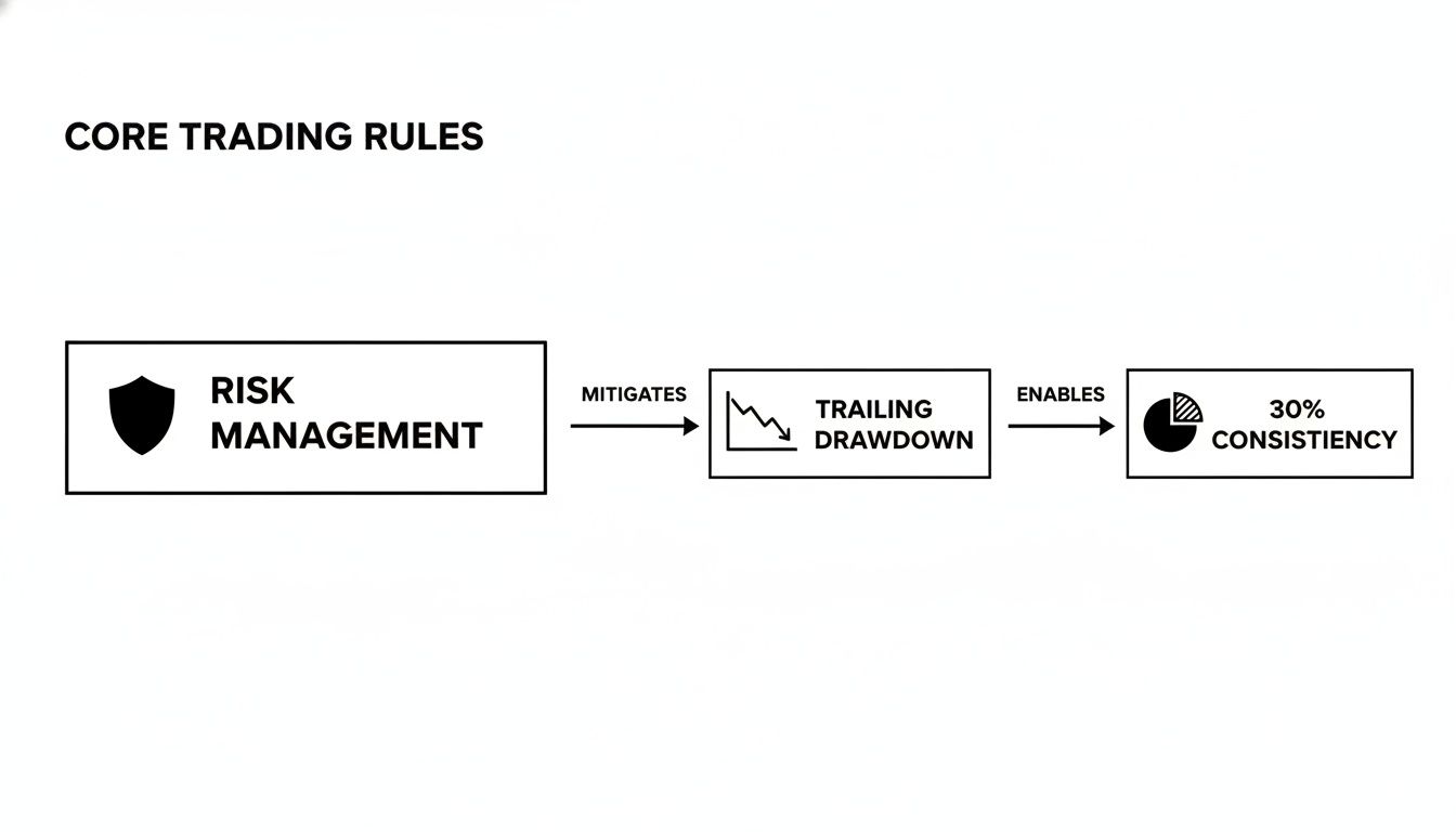 A diagram illustrating core trading rules: Risk Management mitigates Trailing Drawdown, which enables 30% Consistency.