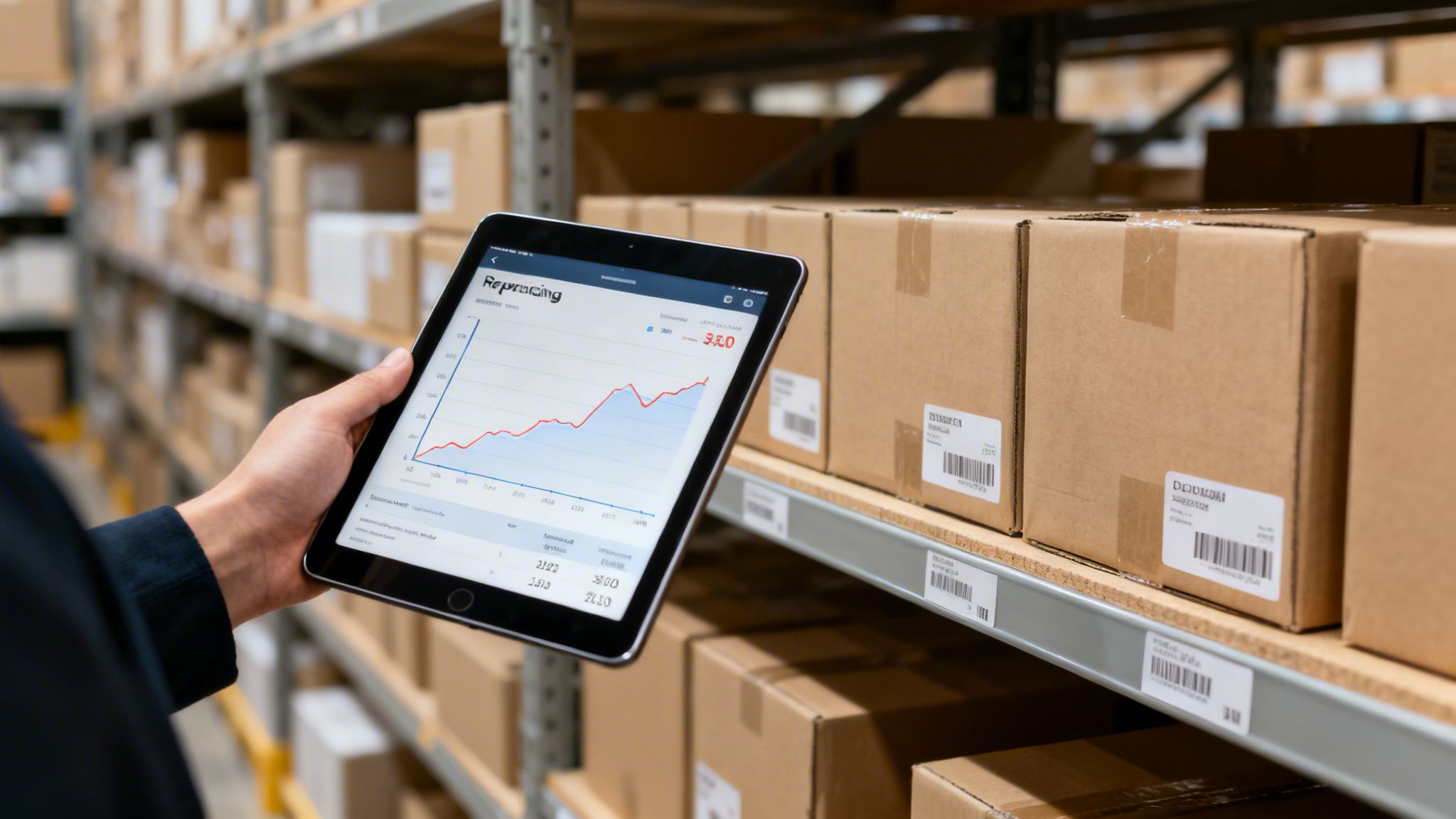 A person holds a tablet with a pricing graph in a warehouse aisle with many boxes.