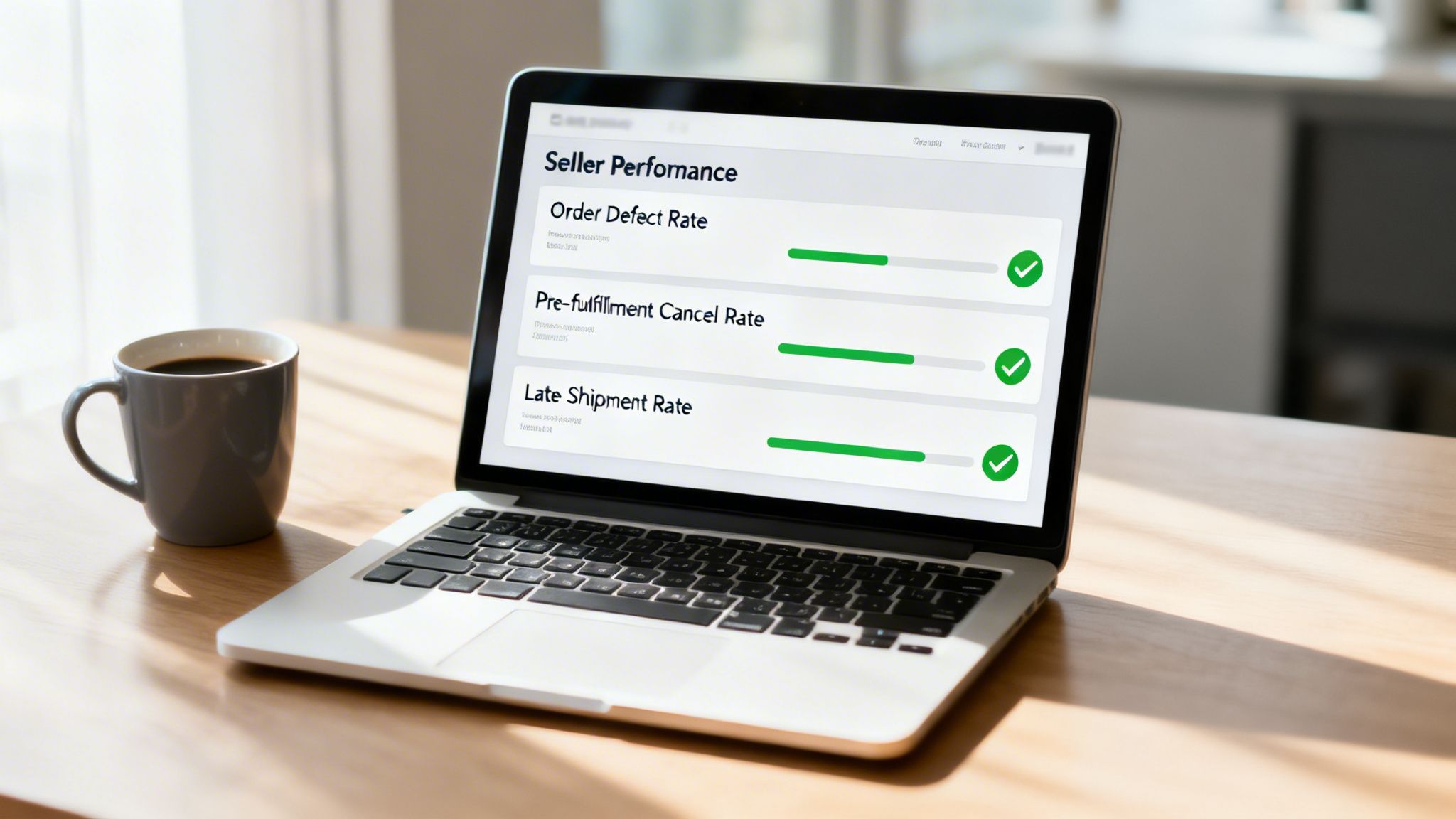 A close-up of a laptop screen displaying excellent seller performance metrics on a wooden desk with a coffee mug.
