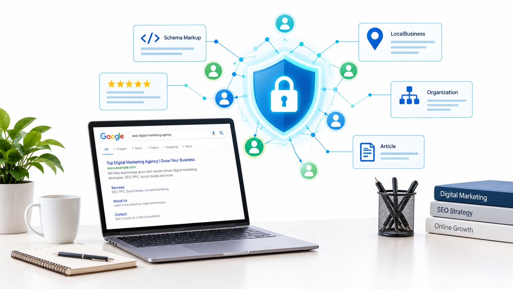 A modern desk with a laptop displaying search results, surrounded by digital security and SEO marketing icons.