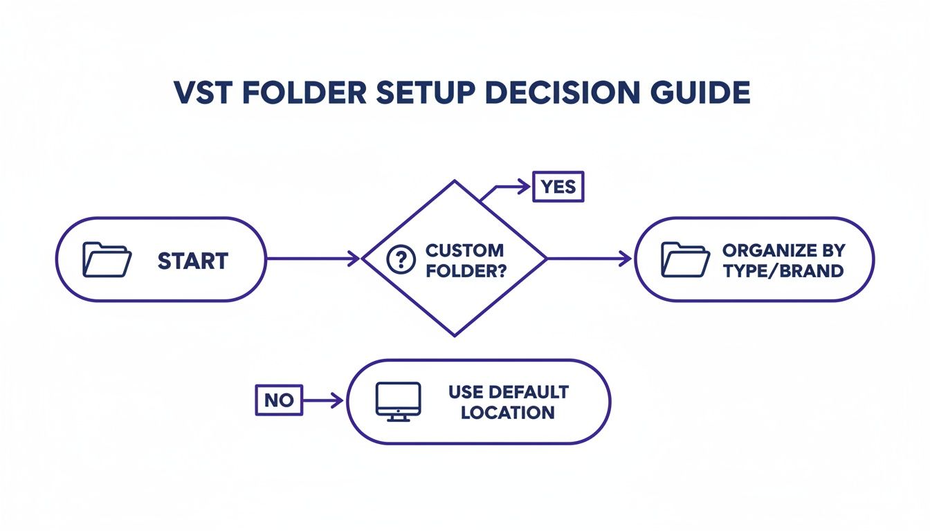 A flowchart illustrating the VST folder setup decision guide, outlining choices for custom or default locations.