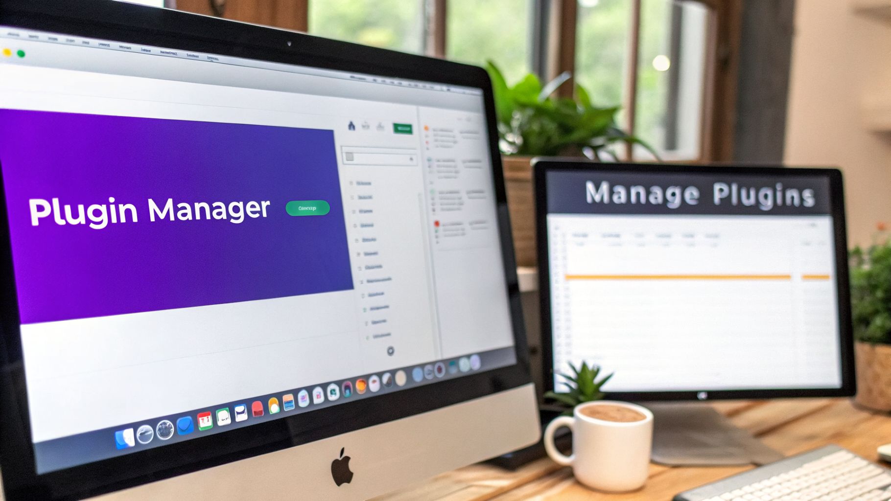 Dual computer monitors on a wooden desk, displaying 'Plugin Manager' and 'Manage Plugins' interfaces.