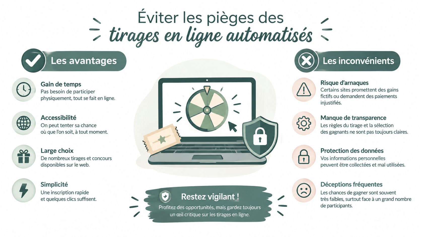 Infographie illustrant les avantages et les risques associés aux jeux et tirages au sort automatisés en ligne.
