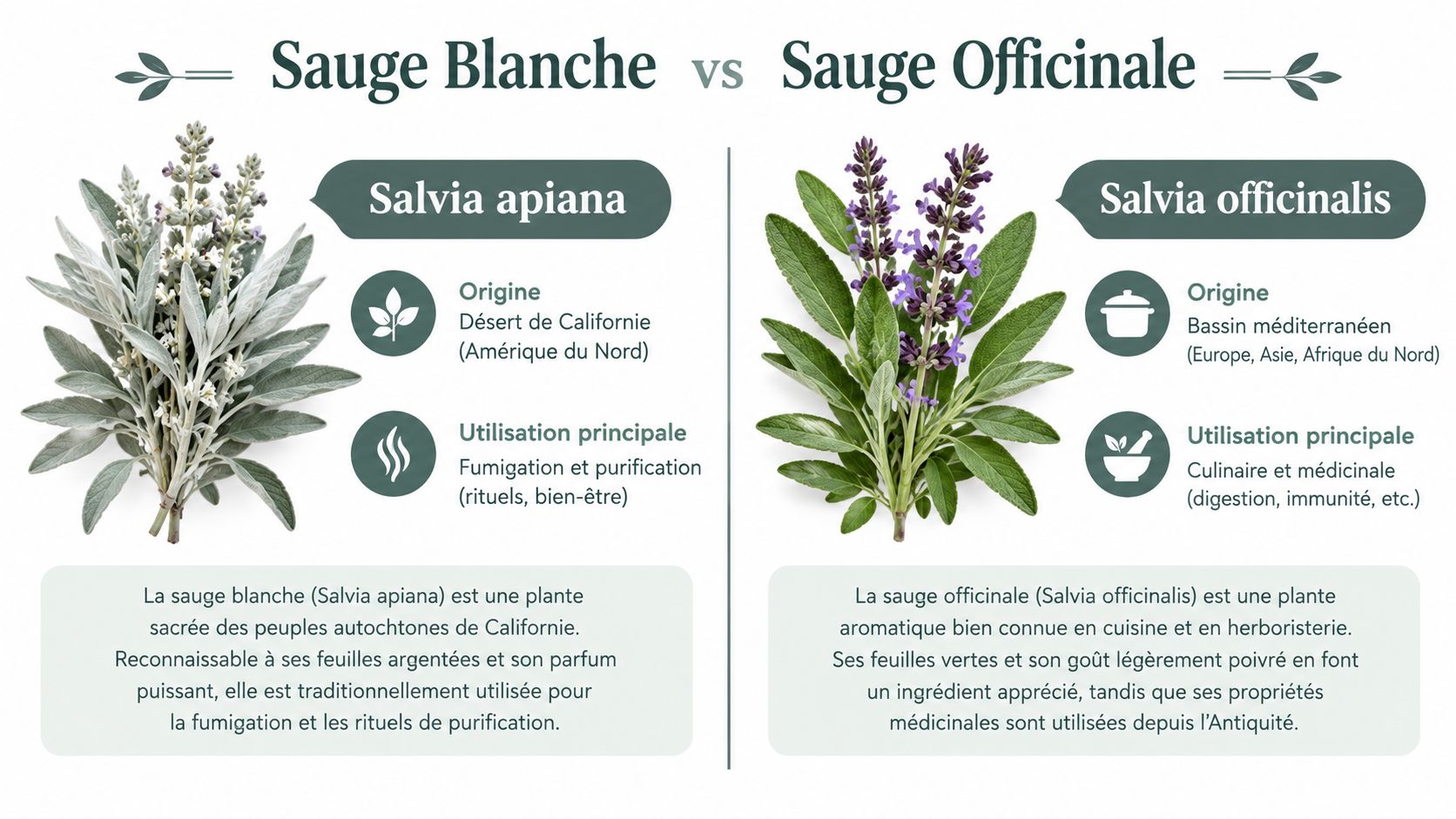 Comparaison visuelle entre la sauge blanche et la sauge officinale avec leurs caractéristiques et utilisations respectives.
