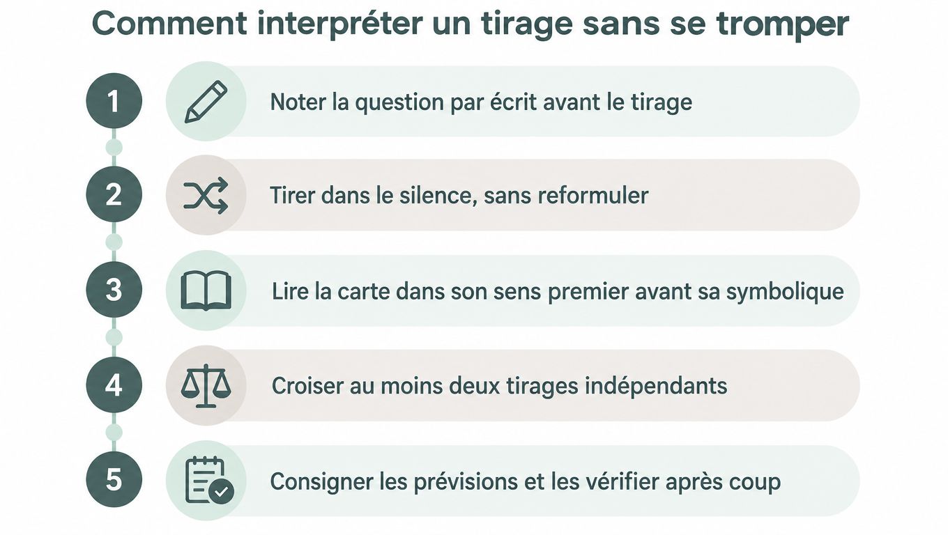 Une liste numérotée expliquant cinq étapes pour interpréter correctement un tirage de cartes de tarot.