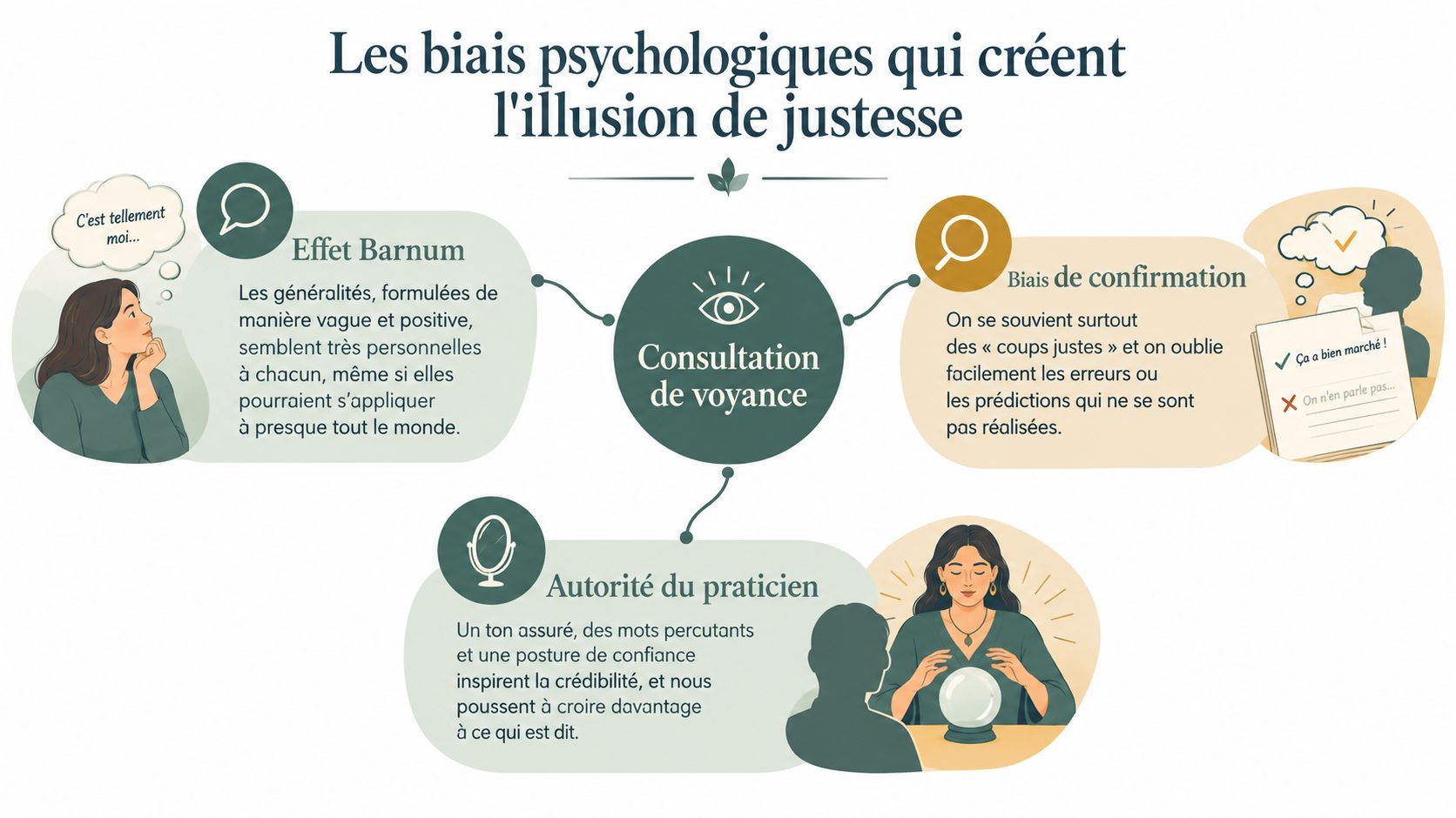 Une infographie expliquant comment les biais psychologiques créent une fausse illusion de justesse lors d'une voyance.