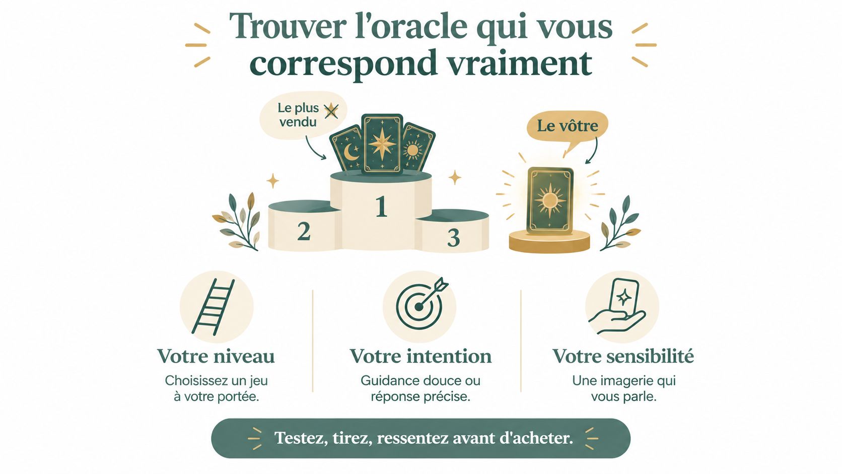 Une illustration montrant comment choisir l'oracle qui vous correspond selon votre niveau, votre intention et votre sensibilité.