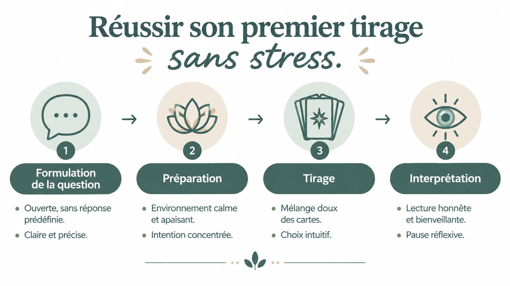 Une infographie en quatre étapes expliquant comment réussir son premier tirage de cartes oracle sans stress.