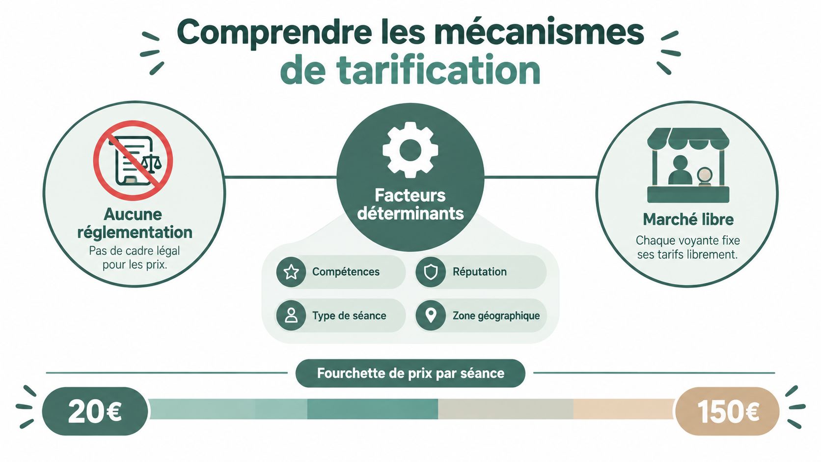 Infographie explicative sur les mécanismes de tarification des séances de voyance et les facteurs influençant le prix.