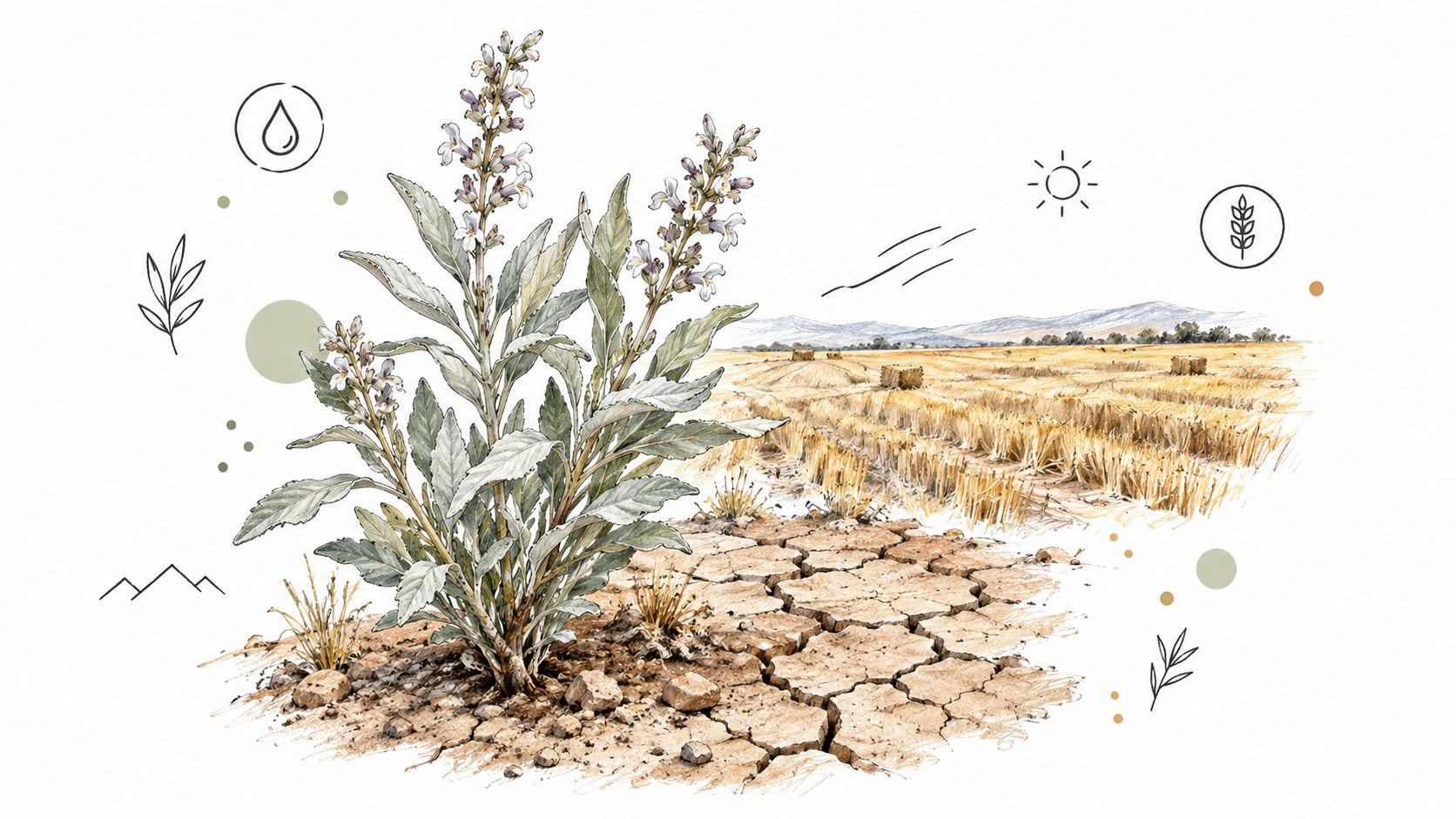 Une illustration artistique d'une plante de sauge blanche poussant sur un sol sec et craquelé en plein champ.
