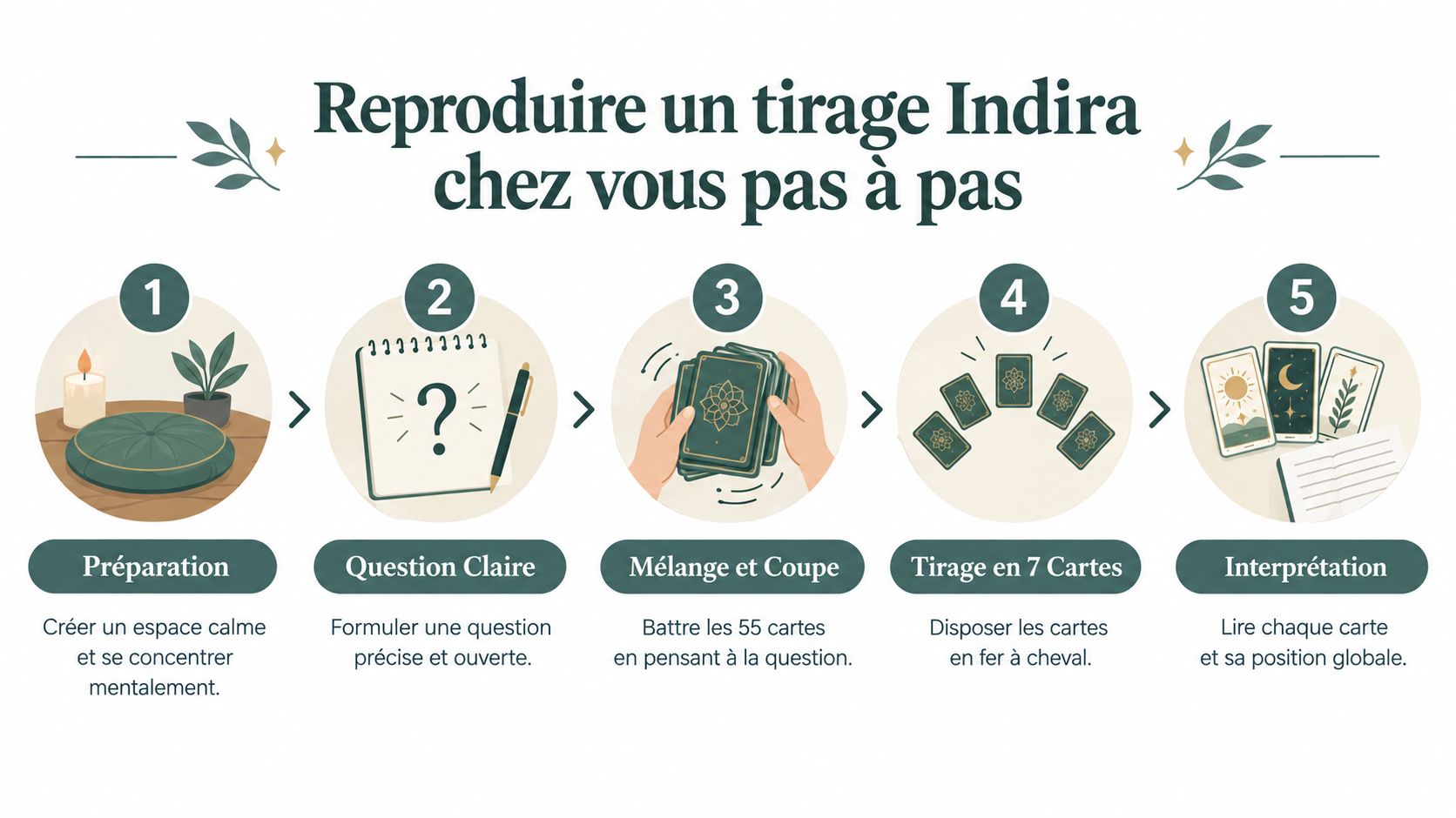 Une infographie étape par étape expliquant comment effectuer un tirage de cartes Indira à la maison.