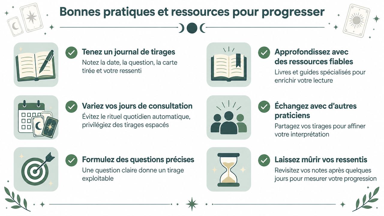 Une infographie avec des conseils pratiques pour progresser dans la pratique du tarot et de l'oracle.
