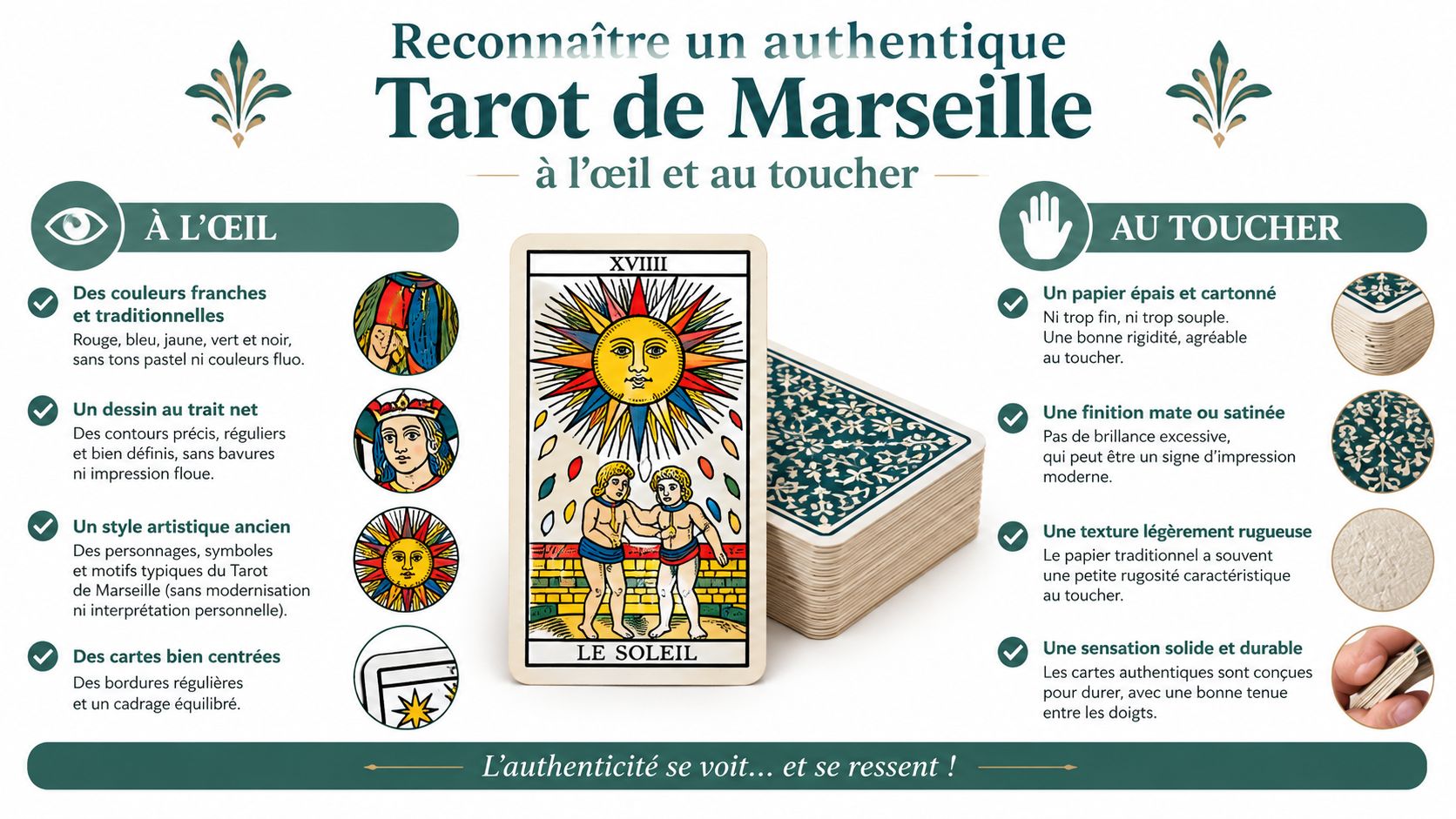Infographie montrant comment identifier un authentique Tarot de Marseille par l'aspect visuel et le toucher physique.