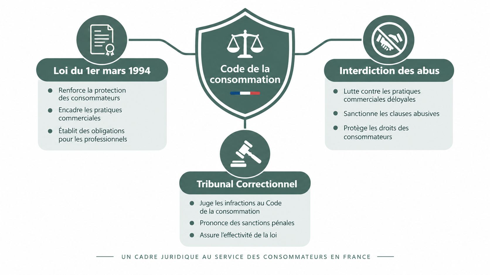 Schéma explicatif du cadre juridique français pour la protection des droits des consommateurs et la consommation.