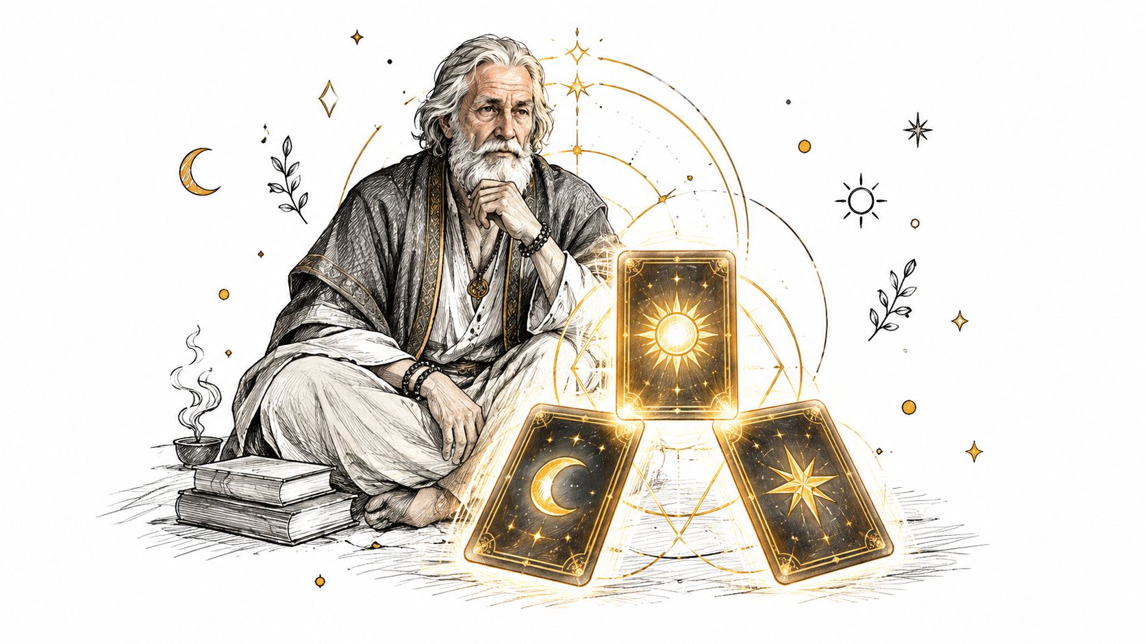 Un vieux sage méditatif assis devant trois cartes d'oracle illuminées par des symboles mystiques et astrologiques.