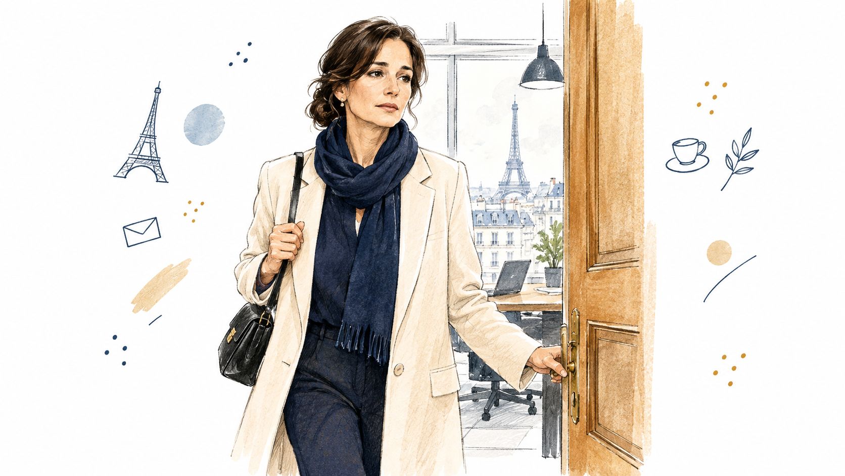 Une femme élégante entrant dans un bureau parisien avec une vue sur la Tour Eiffel en arrière-plan.