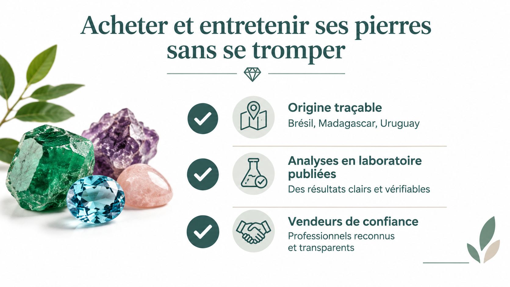 Une infographie sur l'achat de pierres précieuses avec des conseils sur l'origine, les analyses et les vendeurs.
