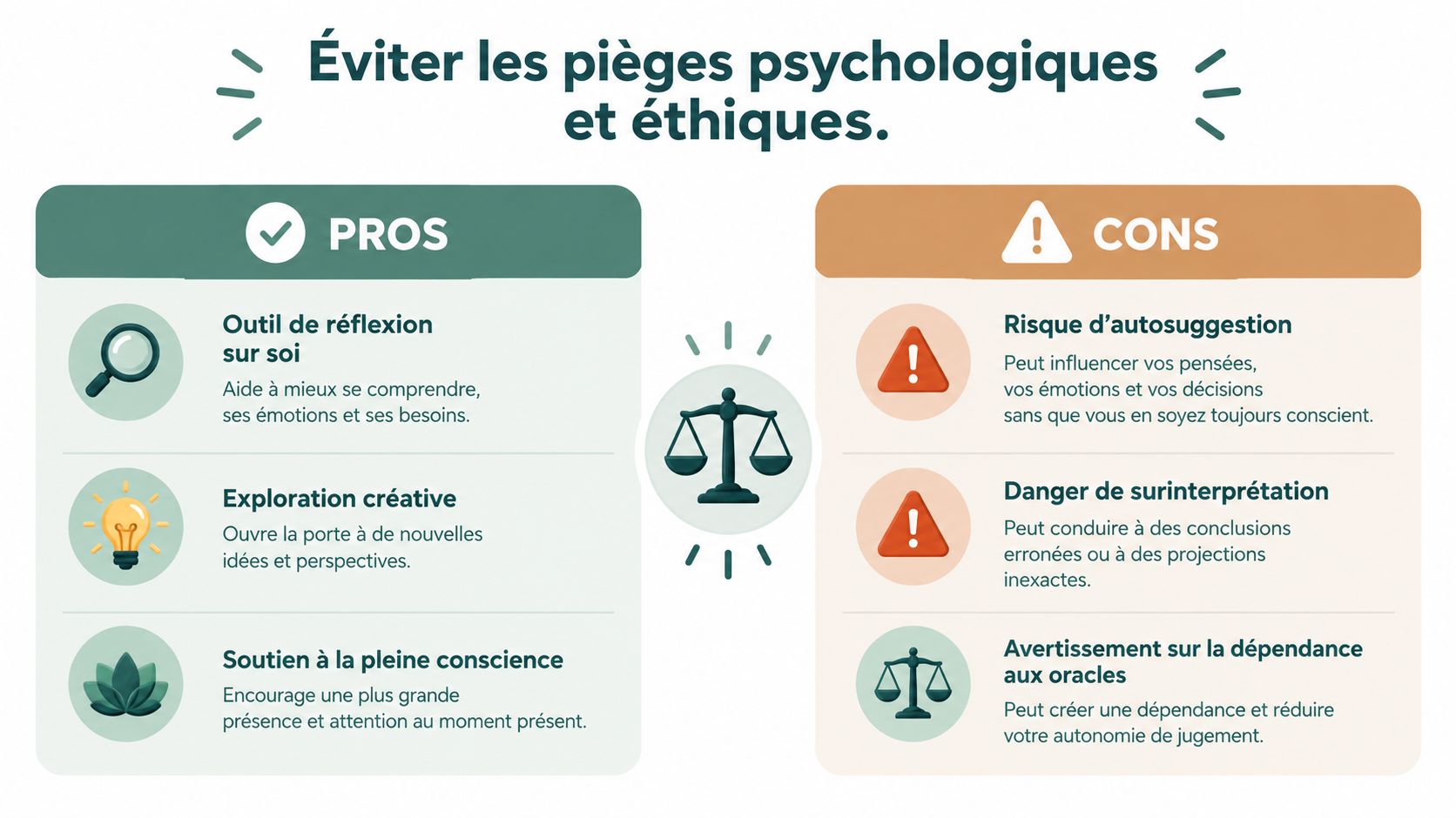 Une infographie comparant les avantages et les risques psychologiques liés à l'utilisation des cartes oracles.