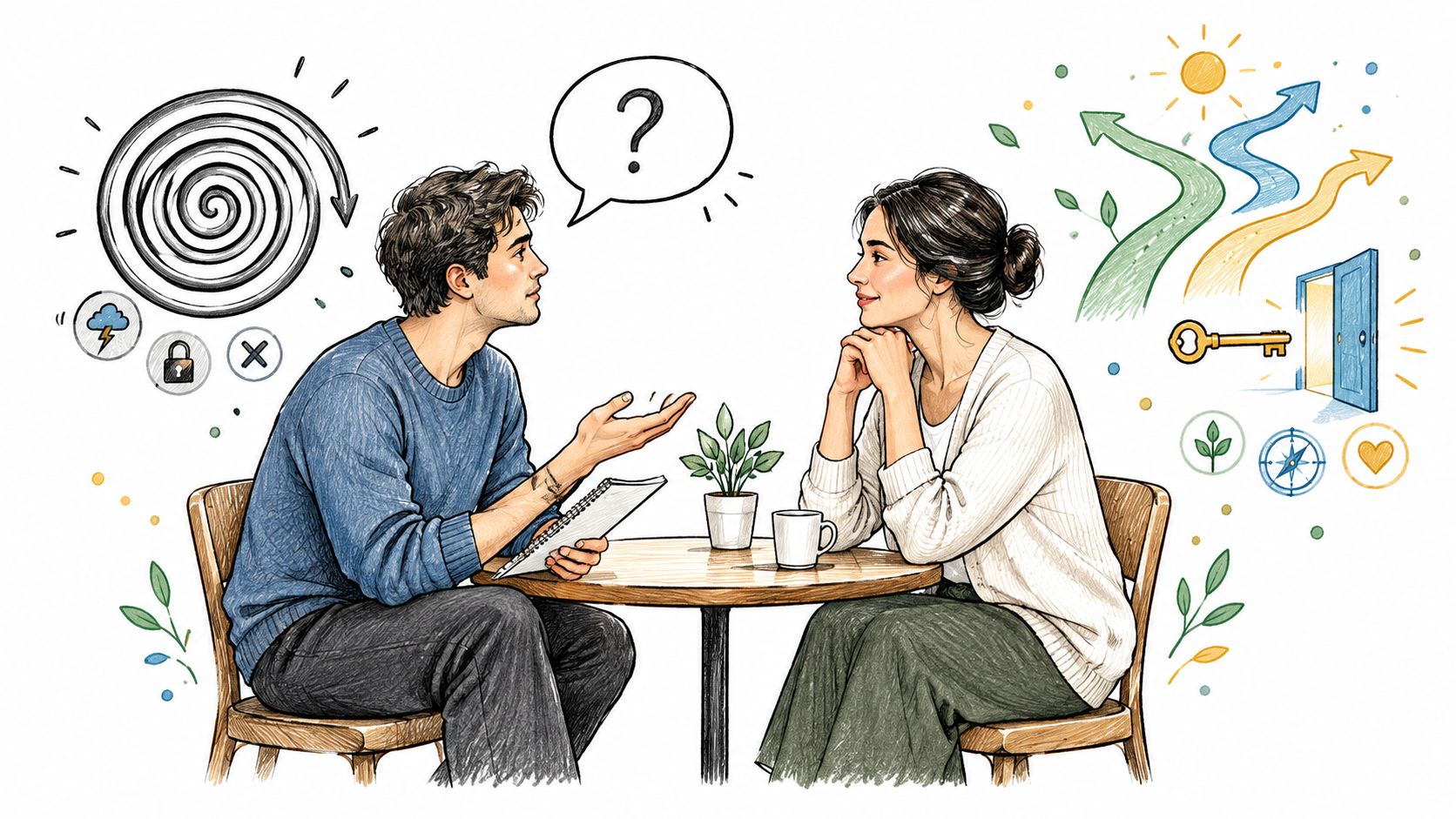 Homme et femme assis à une table discutant de choix de vie avec des symboles conceptuels illustrés