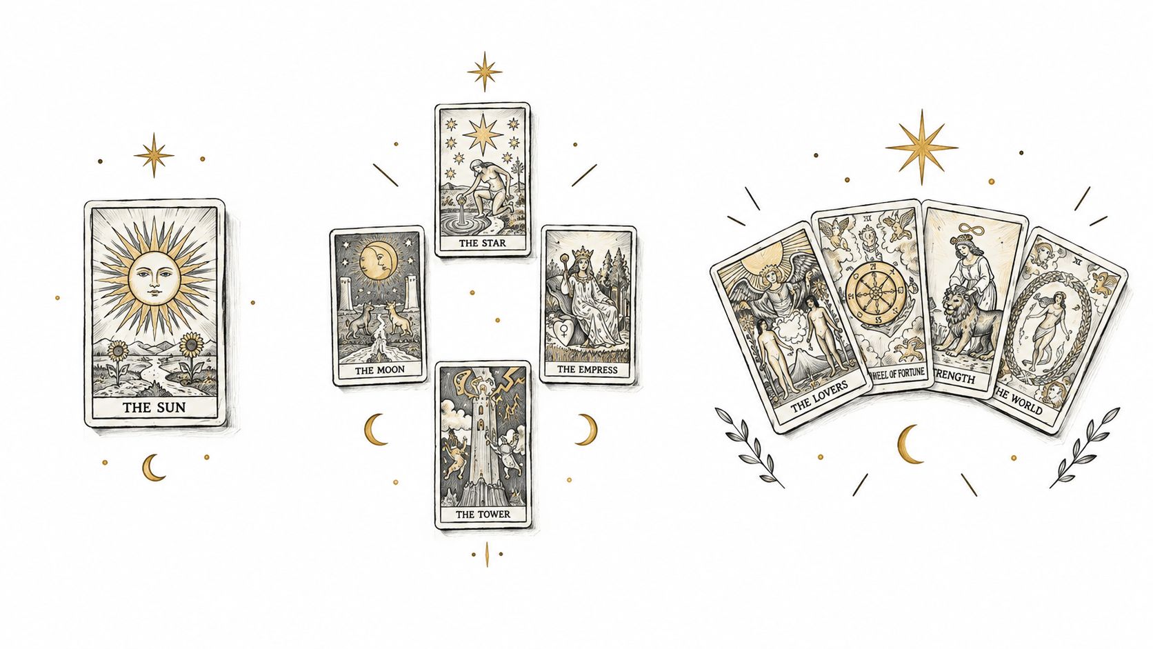 Ensemble illustré de plusieurs cartes de tarot disposées artistiquement sur un fond blanc épuré.