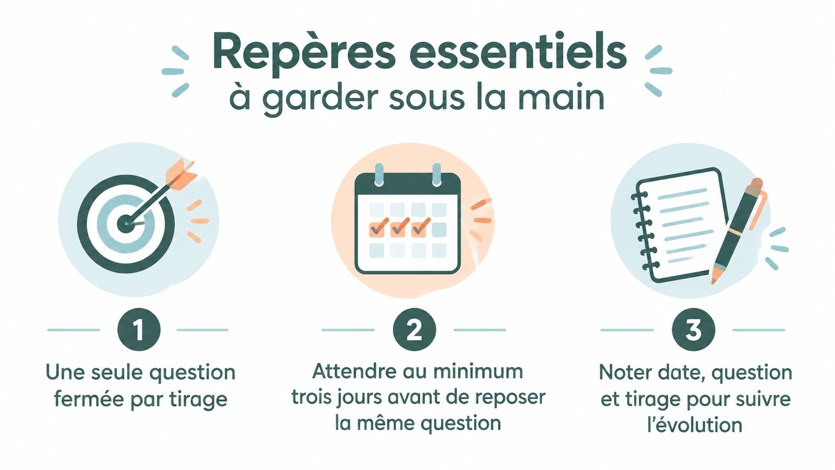Illustration des trois règles essentielles pour la pratique efficace du tirage de cartes avec des icônes explicatives.