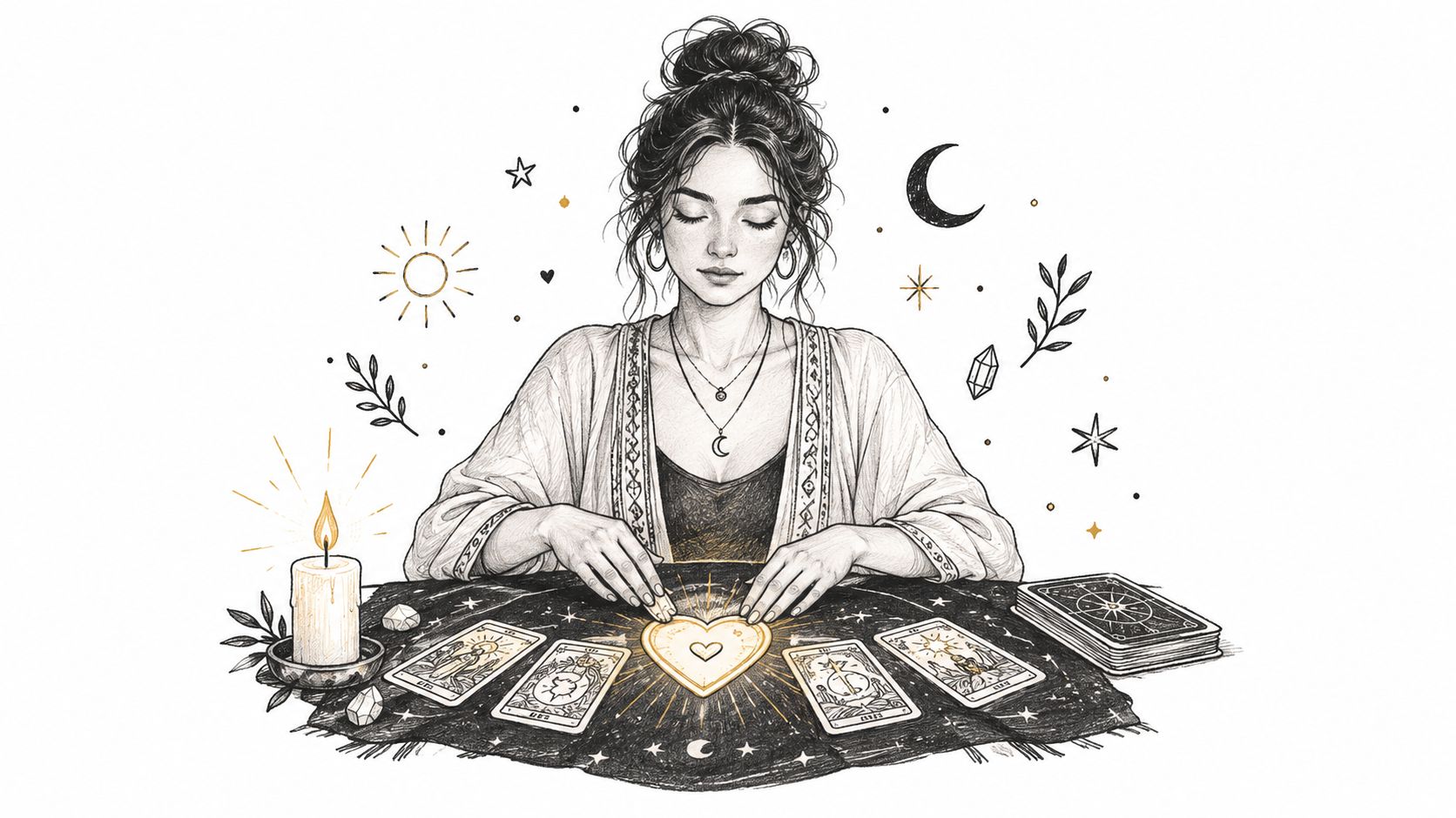 Une jeune femme mystique effectuant un tirage de cartes de tarot avec une bougie et un symbole cœur.
