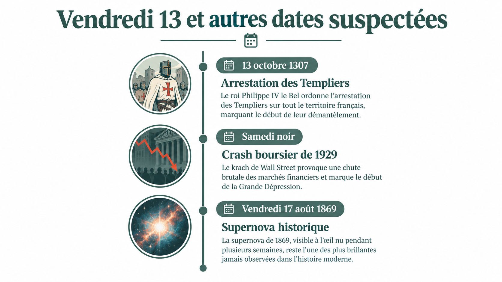 Une chronologie illustrant des événements historiques considérés comme malchanceux, tels que l'arrestation des Templiers et krachs boursiers.