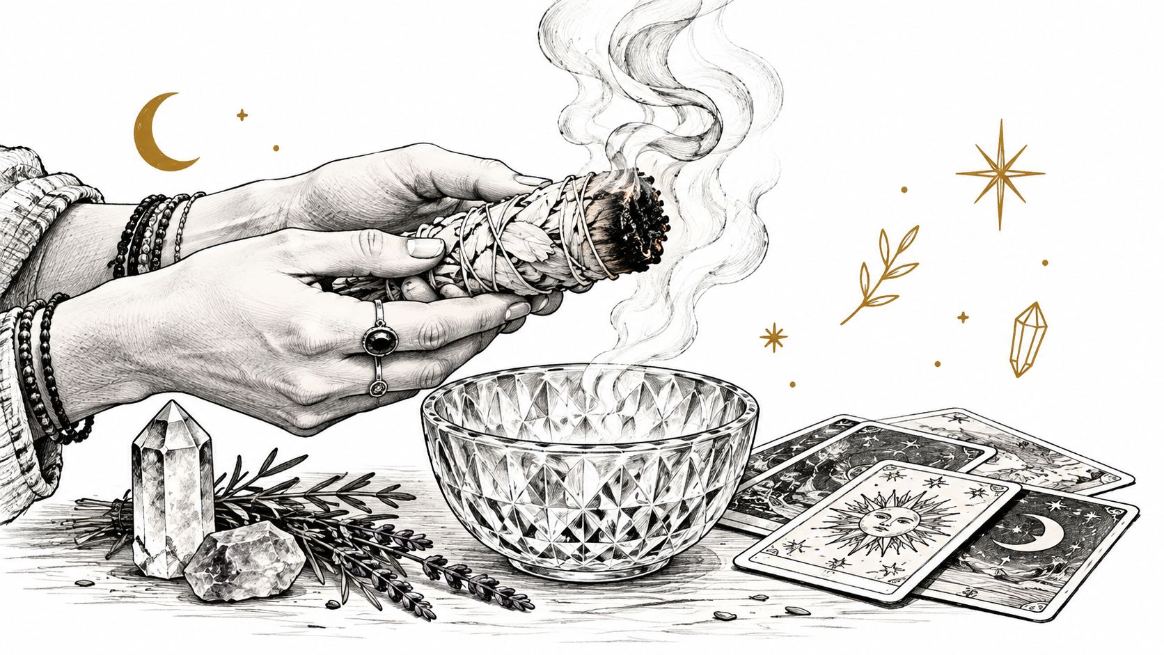 Mains tenant un bâton de sauge fumant au-dessus d'un bol en cristal avec des cartes de tarot
